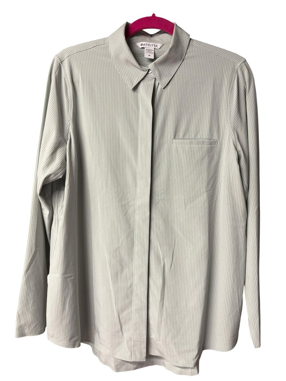 Athleta Gray Striped Button Down Shirt Medium Lightweight Stretch Work Blouse